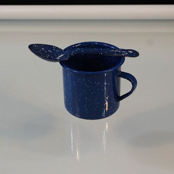 Enamelware Mug With Spoon Blue Speckled White Camping Fireside 12 oz Cup - Picture 6 of 6